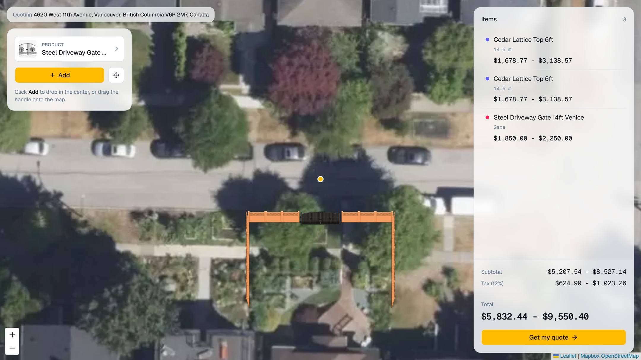 Fence and driveway gate drawn on satellite imagery, with measured line items and a live estimate range.