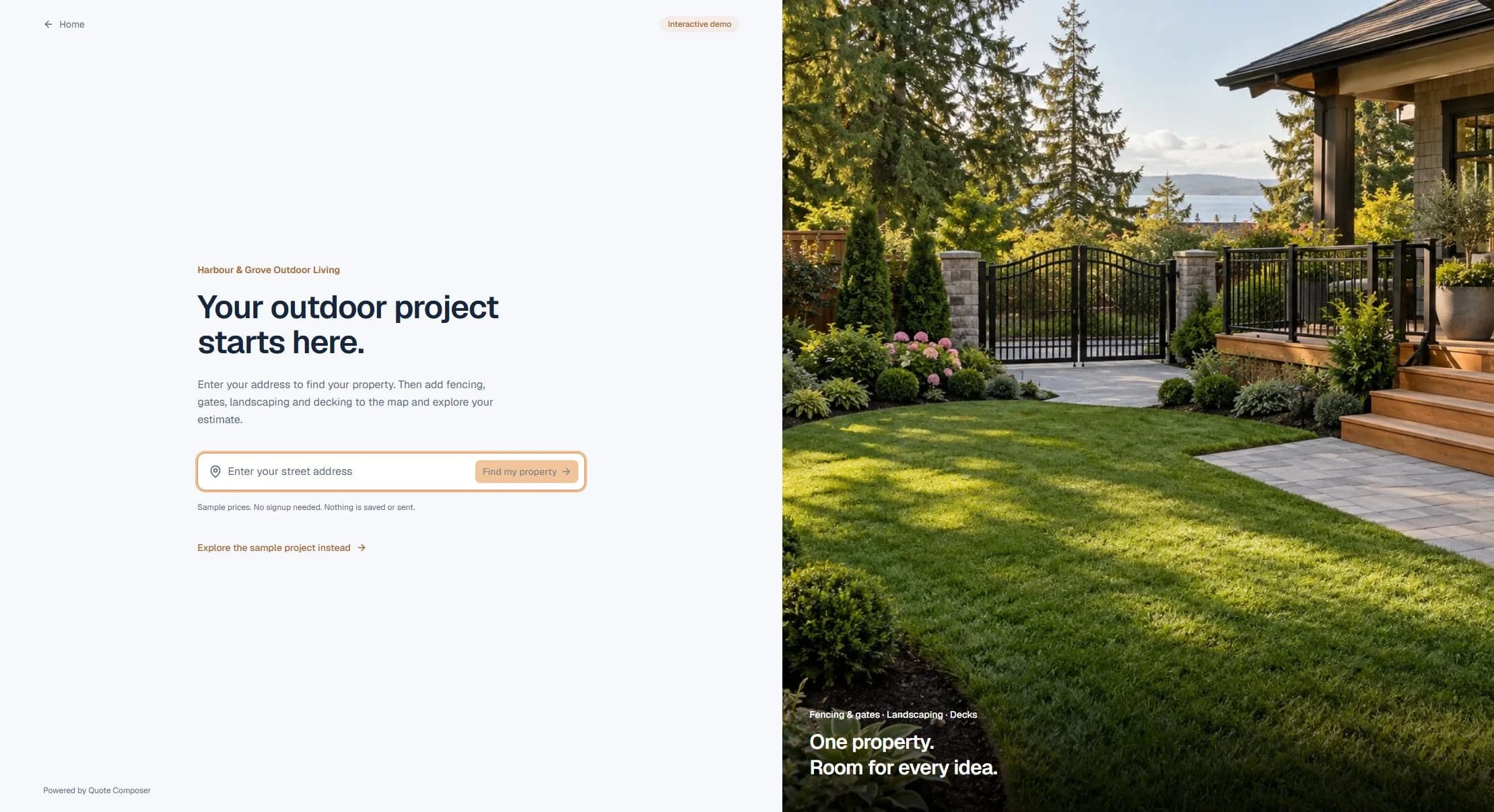 Harbour & Grove start-a-quote page with address entry and outdoor project inspiration.